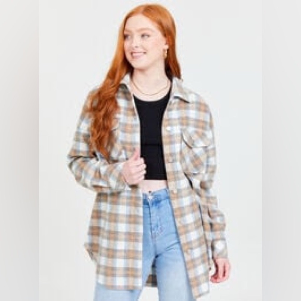 NWT Altar’d State Erica Plaid Pockets Long Button Down Shacket